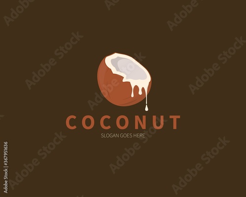 Coconut fruit logo. Cracked Coconut with coconut milk vector design.
