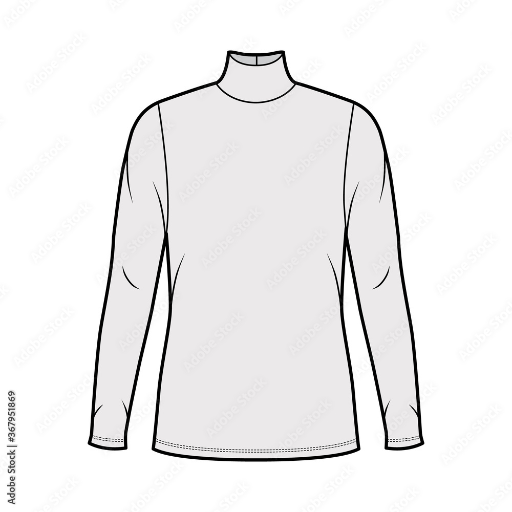 Turtleneck jersey sweater technical fashion illustration with long sleeves, oversized body, tunic length. Flat outwear apparel template front grey color. Women men unisex shirt top CAD mockup Turtleneck jersey sweater technical fashion illustration with long sleeves, oversized body, tunic length. Flat outwear apparel template front grey color. Women men unisex shirt top CAD mockup