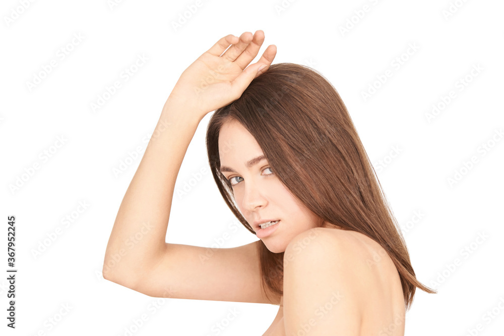 Girl hands up. Self skincare. Pretty girl studio portrait. White isolated background. Depilation concept. Home routine Girl hands up. Self skincare. Pretty girl studio portrait. White isolated background. Depilation concept. Home routine