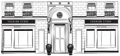 Vector shopfront detailed graphic illustration. Design vintage boutique facade. Modern fashion shop exterior with arch entrance, balcony, brick wall