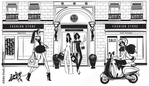 Vector fashion illustration. Beautiful women posing on the street shop front architecture. Modern fashion shop exterior in vintage black and white graphic style