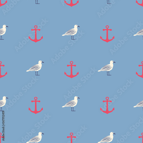 Seamless nautical pattern with anchors and seagulls. Sea concept backdrop.