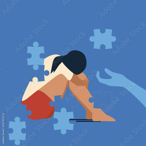 Psychotherapy support concept. Young woman sits on the floor, she falls apart into separate puzzles. Person is tired, needs help,cure from stress. Desperation,anxiety and loneliness vector concept