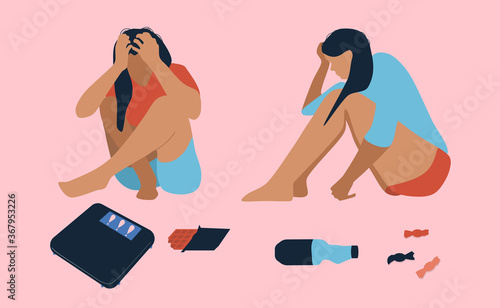 Bulimia,extreme overeating concept.Young depressed women sitting on the floor,clutching head.Desperation, emotional disorder. Obsessive desire to lose weight.Gluttony flat vector.Candy wrappers around