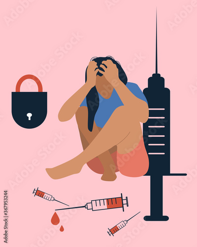 Lonely drug addict woman sits on the floor.Narcomaniac
problems concept.Lock,giant syringe, needle.Сonflict with yourself.Overdose crisis.Person needs help and treatment. Desperation vector 