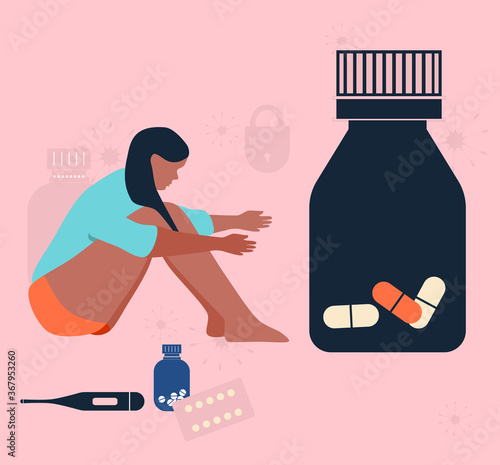 Hypochondria concept with young sitting woman. Drug addiction,panic fear of getting sick.Girl pulls her hands to a huge can of pills.Overdose, somatic symptom disorder.Stress,nervous breakdown.Vector.