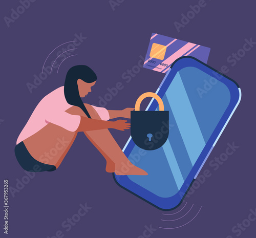 Nomophobia, social media addiction or overuse. Psychological or behavioral dependence on internet. Shopaholic girl pulls her hands to credit card and phone. Flat style vector. Personal crisis.