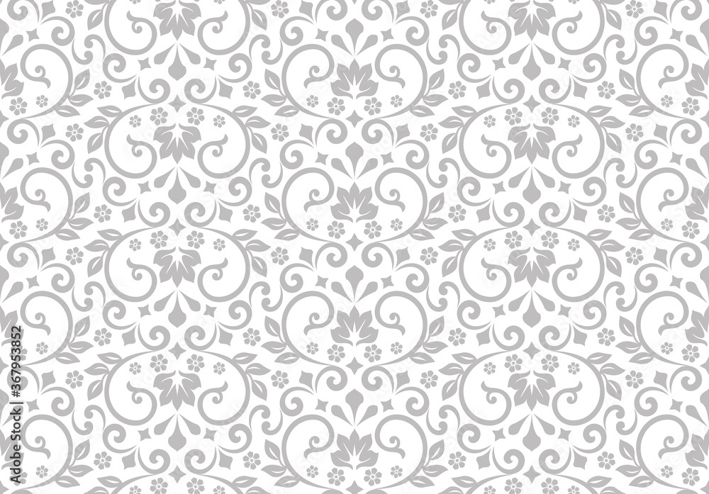 Wallpaper in the style of Baroque. Seamless vector background. White and gray floral ornament. Graphic pattern for fabric, wallpaper, packaging. Ornate Damask flower ornament.