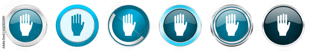 Stop silver metallic chrome border icons in 6 options, set of web blue round buttons isolated on white background Stop silver metallic chrome border icons in 6 options, set of web blue round buttons isolated on white background