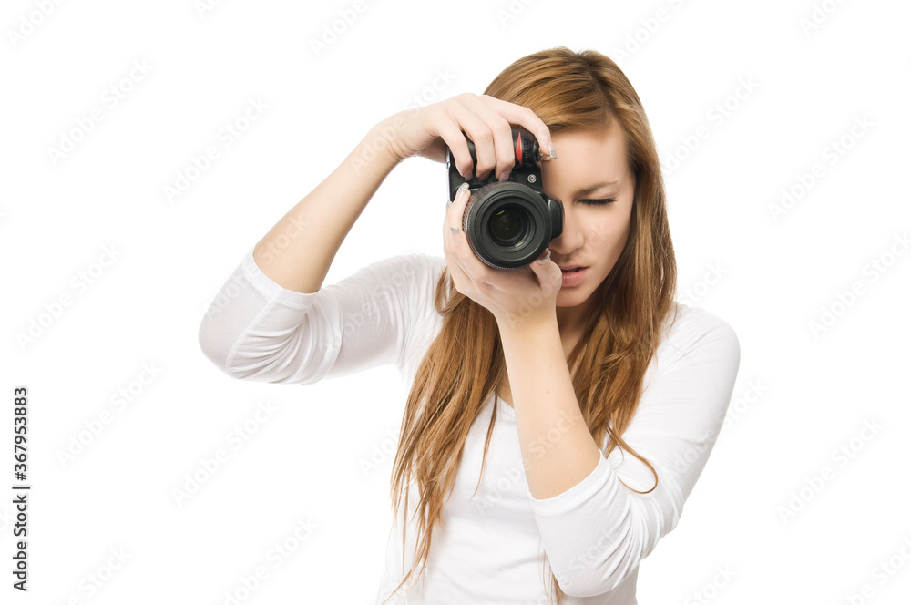 Click! Female photographer is shooting you. Young beautiful woman taking images with digital camera isolated on white Click! Female photographer is shooting you. Young beautiful woman taking images with digital camera isolated on white