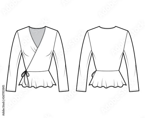 Wrap blouse technical fashion illustration with fitted silhouette, ruffled hem, long sleeves, ties at waist. Flat shirt apparel template front, back white color. Women, men unisex top CAD mockup