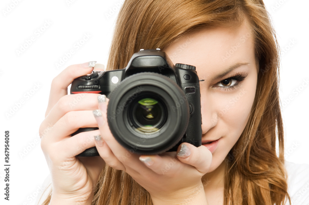 Click! Female photographer is shooting you. Young beautiful woman taking images with digital camera isolated on white. Close-up portrait Click! Female photographer is shooting you. Young beautiful woman taking images with digital camera isolated on white. Close-up portrait