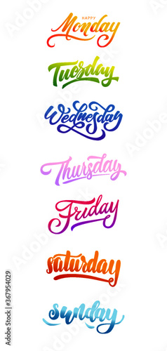 vector lettering, calligraphy,typographic set of days of the week, monday, tuesday, wednesday, thursday, friday, saturday, sunday, colourful gradient, bright