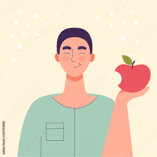 The man is eating an apple. Diet food, healthy lifestyle, vegetarian food, raw food diet. Student snack. Flat cartoon vector illustration.