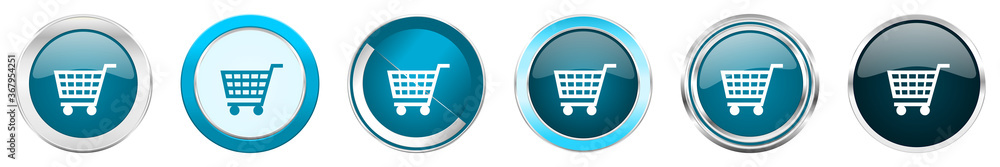 Shopping cart silver metallic chrome border icons in 6 options, set of web blue round buttons isolated on white background Shopping cart silver metallic chrome border icons in 6 options, set of web blue round buttons isolated on white background