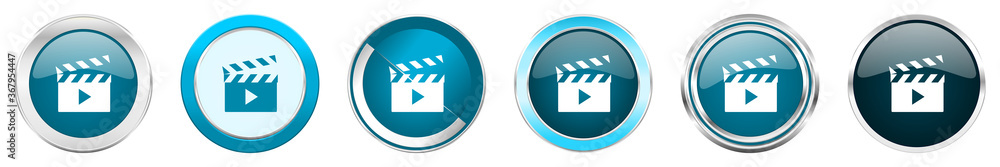 Video silver metallic chrome border icons in 6 options, set of web blue round buttons isolated on white background Video silver metallic chrome border icons in 6 options, set of web blue round buttons isolated on white background
