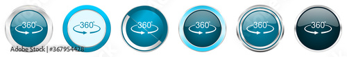 Panorama 360 silver metallic chrome border icons in 6 options, set of web blue round buttons isolated on white background