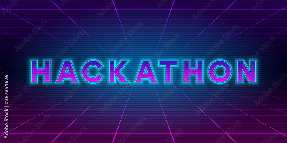 Hackathon retrowave style banner. Neon tech Hackathon inscription on laser perspective grid background. Design element for event advertising, shares, promotion. Vector