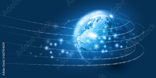 Abstract Blue Modern Minimal Style Cloud Computing, Networks, Telecommunications Concept Design with Polygonal Mesh, Glowing Lines of Binary Code Data Around Earth Globe - Vector Illustration