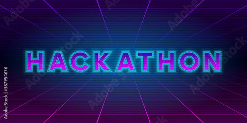 Hackathon retrowave style banner. Neon tech Hackathon inscription on laser perspective grid background. Design element for event advertising, shares, promotion. Vector