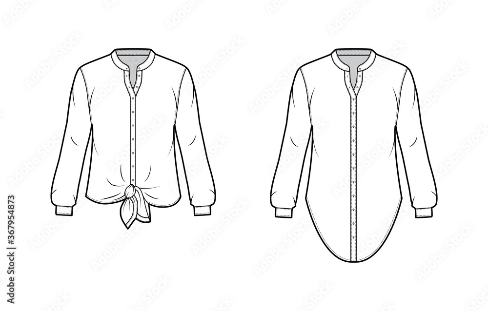 Shirt technical fashion illustration with curved mandarin stand collar, long  sleeves, tie hem, oversized body. Flat apparel blouse template front, white  color. Women, men and unisex top CAD mockup Stock Vector