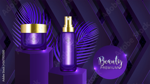 Beauty product ad design, purple cosmetic containers with purple background ready to use, luxury skin care banner, illustration vector.	