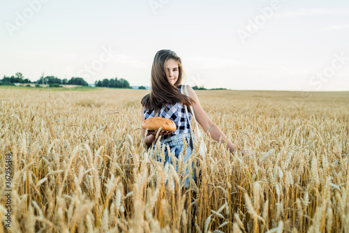 A field with ears of corn, a harvest of bread.teenager girl holding round bread. Bread on the background of ears of wheat. Hands holding big bread. Bakery products on a wheat field.