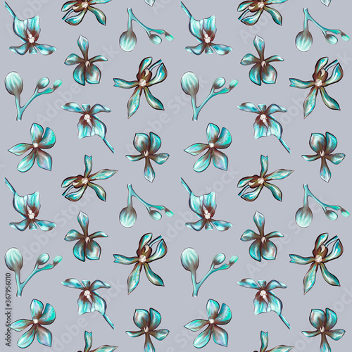  Seamless blue Orchid pattern on a grey background. Beautiful Botanical illustration of orchids. Flower texture. Design for textiles, printing, paper, packaging