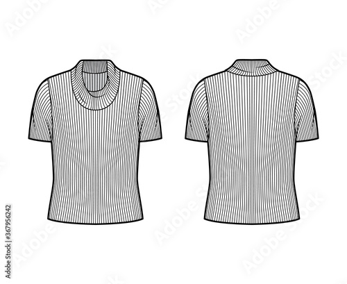 Ribbed cowl turtleneck knit sweater technical fashion illustration with short rib sleeves, oversized body. Flat outwear apparel template front, back white color. Women, men unisex shirt top CAD mockup