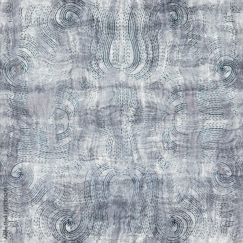 Seamless blue texture grungy repeat pattern swatch. Highly textured and incredibly intricate turquoise, indigo, and cream mixed media design. Bleeding ink pigment. Realistic wrinkled fabric grain tile