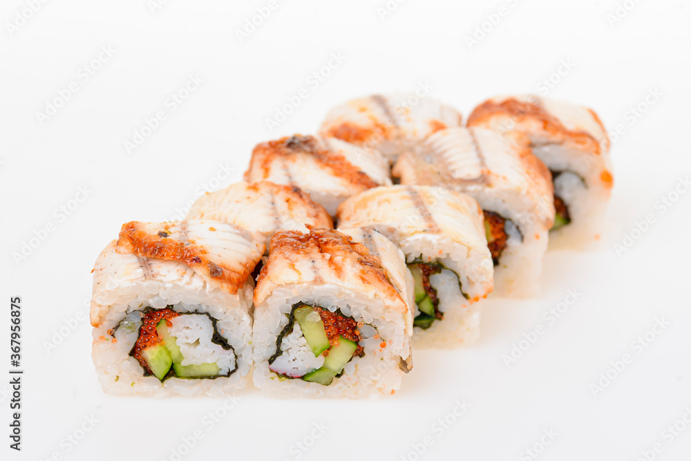 Eight sushi fresh maki rolls, isolated on white. Set of maki rolls with philadelphia cheese. Japanese cuisine. Eight sushi fresh maki rolls, isolated on white. Set of maki rolls with philadelphia cheese. Japanese cuisine.