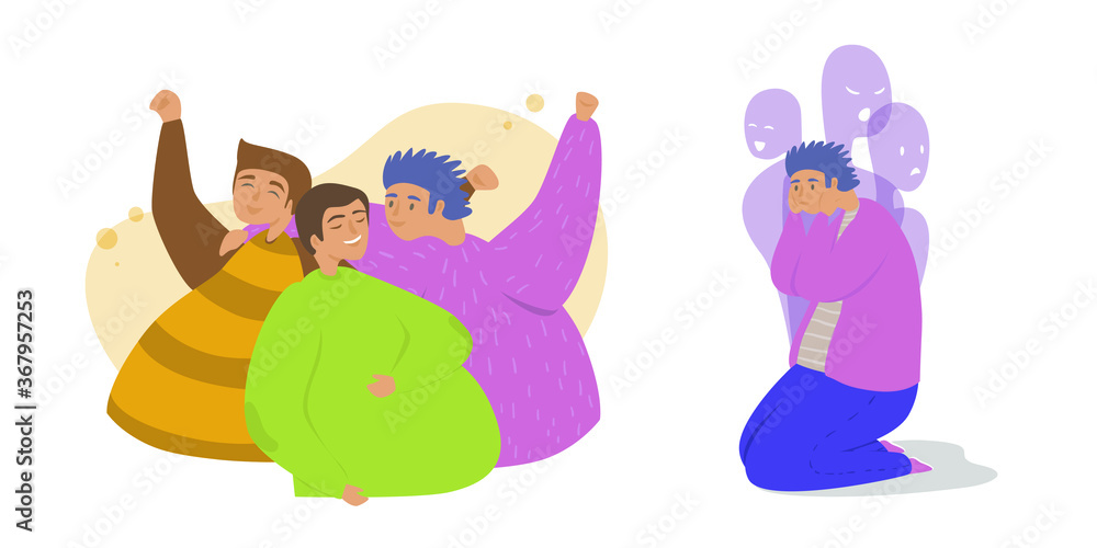 Mental disorders in company and alone flat vector illustration. Concept of schizophrenia. Man, boy hears voices when left alone. People mental illness after stressful work and life.