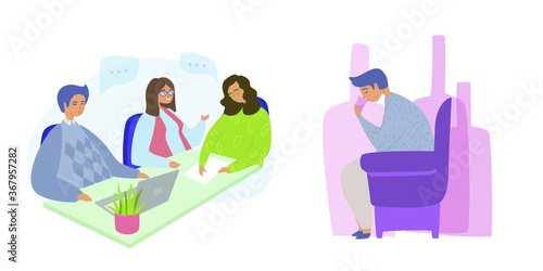 Alcohol addiction, mental disorders in company and alone flat vector illustration. Sad man drinking alcohol while sitting on an armchair when left alone. Dipsomaniac, alcohol danger for health, boozer