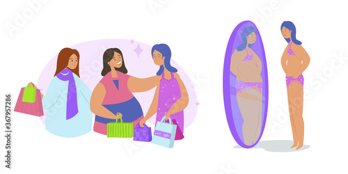 Body dysmorphic disorder in company and alone flat vector illustration. A skinny girl looks in her reflection and sees a fat girl when left alone. Eating disorder, body perception, dysmorphia concept. photo