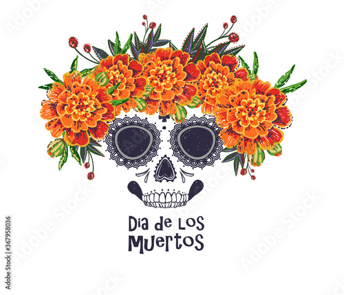 Vector sugar skull with marigold flowers wreath illustration in watercolor style. Dia de los muertos day. Halloween poster background, greeting card or t-shirt design on white backdrop