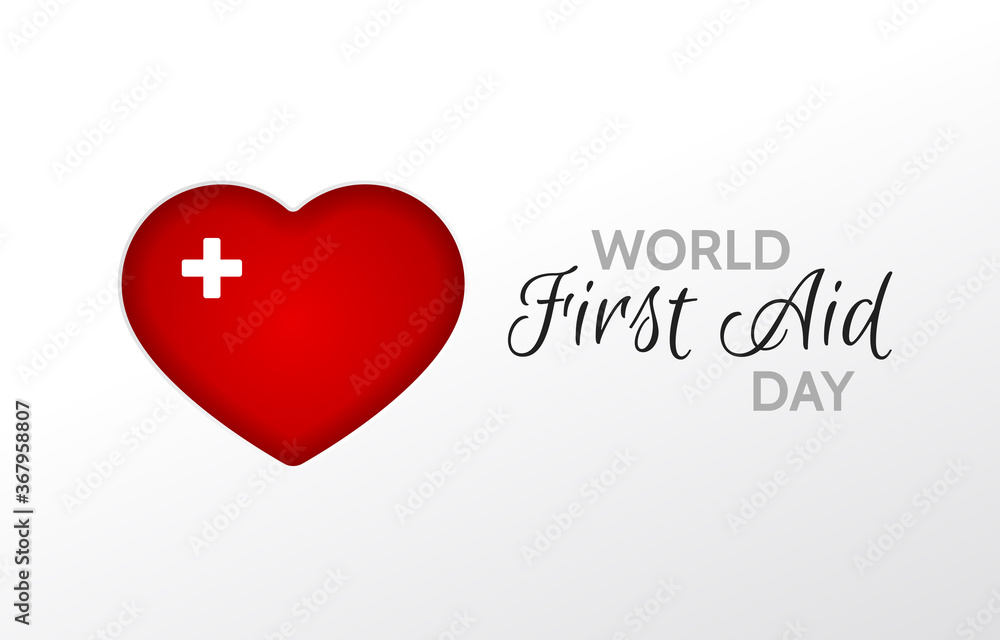 World First Aid Day. Second saturday in september. Illustration with red heart