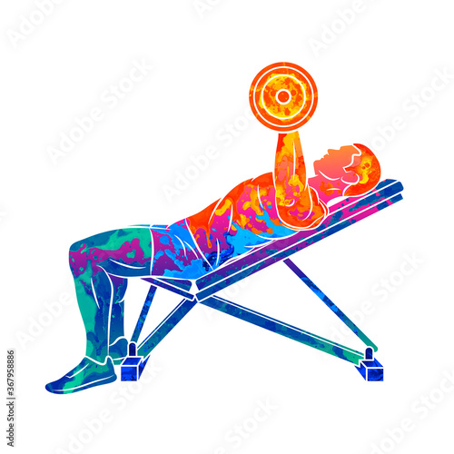 Abstract man training chest with dumbbells on bench press from splash of watercolors. Body Building. Vector illustration of paints