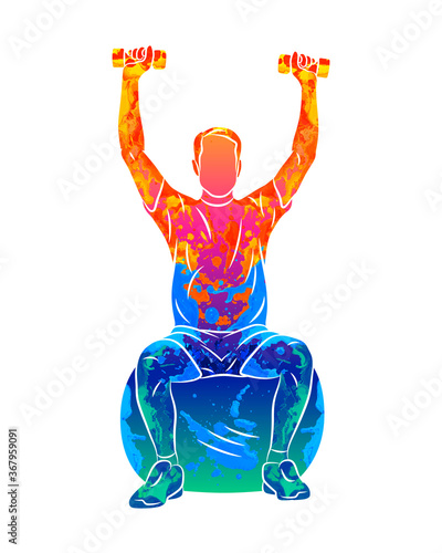 Abstract man trains on a ball with dumbbells from splash of watercolors. Rehabilitation. Fitness classes. Vector illustration of paints