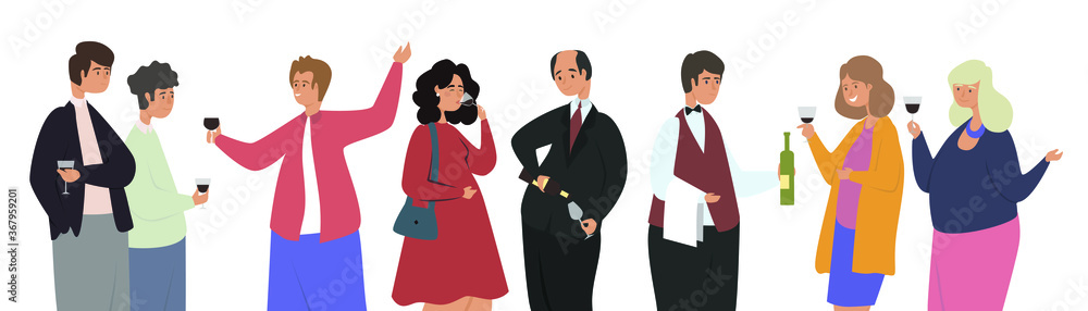 Wine tasting flat vector illustration. Alcohol Tasting Events, Men and Women have fun and try alcohol. People at an alcohol testing event, event for tourists, isolated on white background concept. Wine tasting flat vector illustration. Alcohol Tasting Events, Men and Women have fun and try alcohol. People at an alcohol testing event, event for tourists, isolated on white background concept.