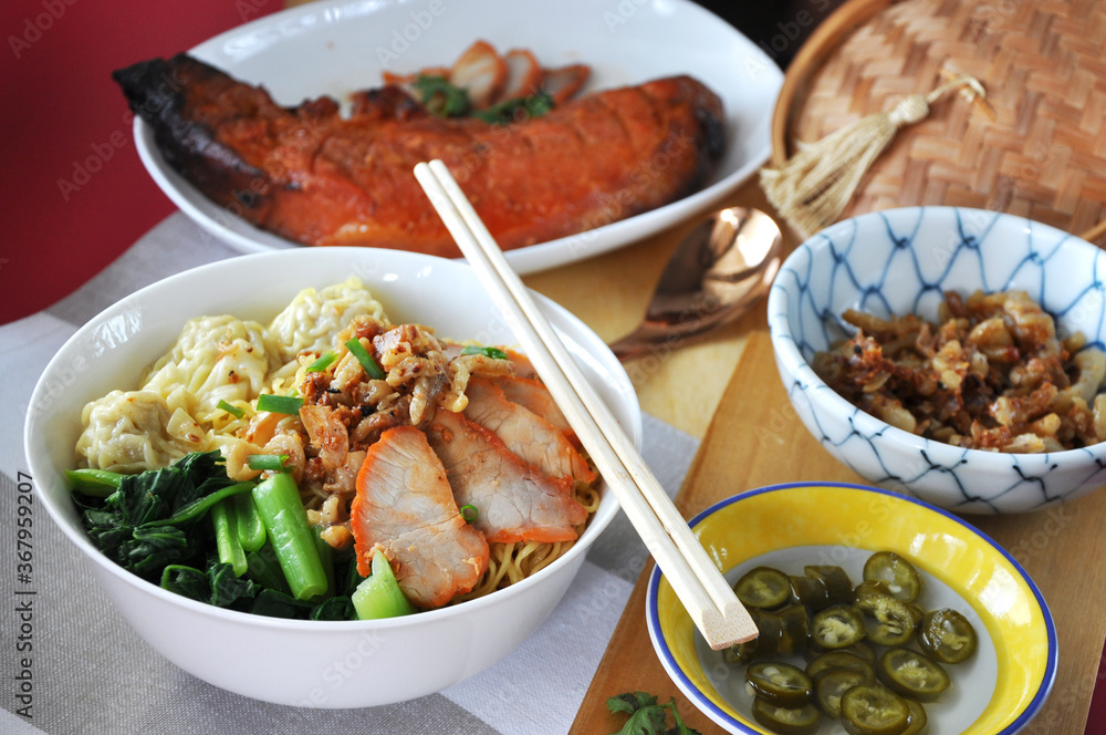 Lunch set of Chinese Food Wanton Mee with Red Grilled Pork