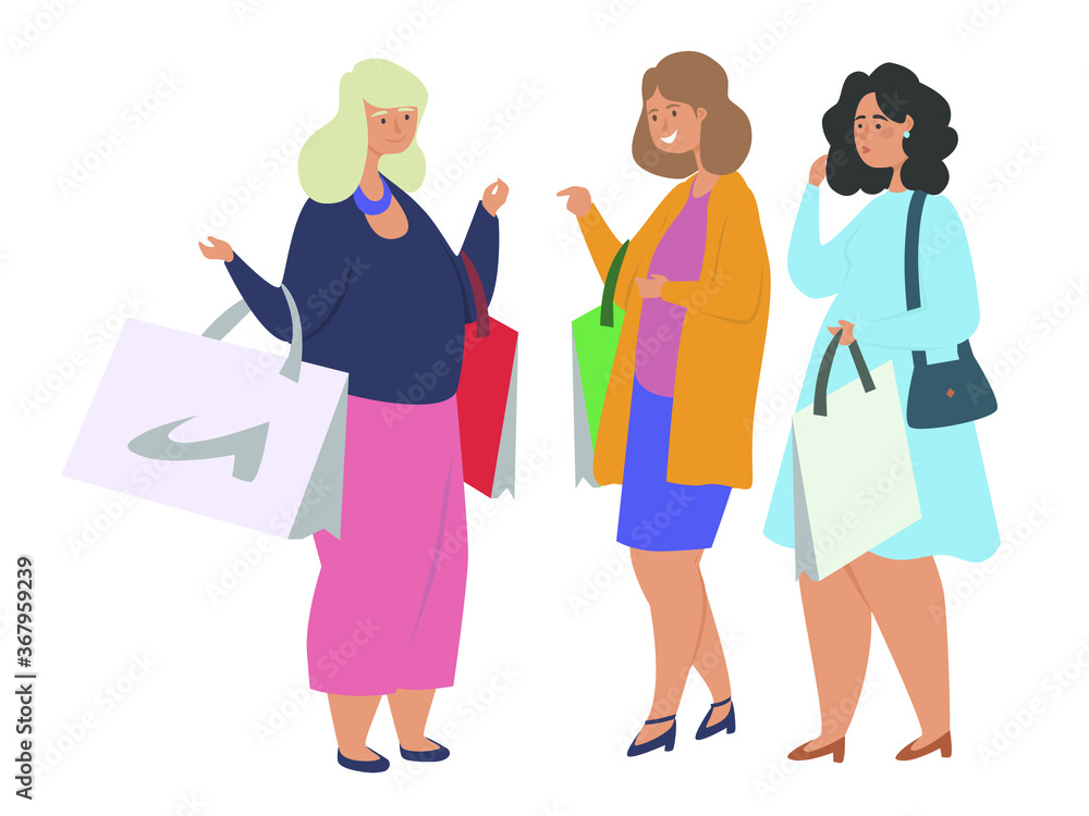Shopping with friends flat vector illustration. Girls, women with packages from shops stand on an isolated background. Friendship, sale, spend time with girlfriends concept. 