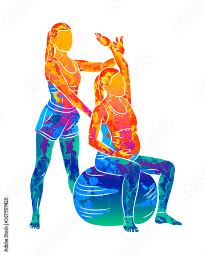 Abstract Young pregnant woman doing fitness ball and pilates exercise with coach from splash of watercolors. Sitting and relaxing. Active future mother sport lifestyle. Healthy pregnancy concept