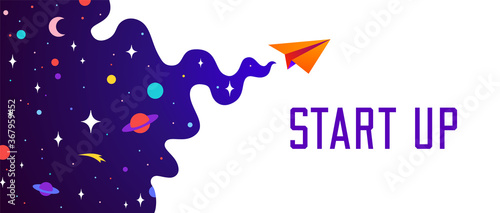 Universe. Motivation banner with universe cloud, dark cosmos, planet, stars and paper plane, start up symbol. Banner template with text Start Up, universe starry dream background. Vector Illustration