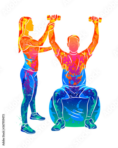 Abstract professional rehabilitation physiotherapy worker with senior patient from splash of watercolors. Vector illustration of paints