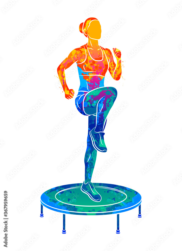 Abstract woman jumping on trampoline. Young fitness girl trains on a ...