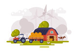 Farm Scene with Red Barn, Wind Turbine and Tractor, Summer Rural Landscape, Agriculture and Farming Concept Cartoon Vector Illustration