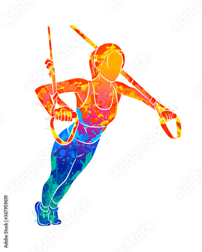 Abstract young sportive woman doing push-ups using trx fitness straps from splash of watercolors. Vector illustration of paints