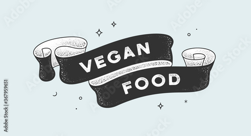 Vegan Food. Vintage ribbon with text Vegan Food. Black white vintage banner with ribbon, graphic design. Old school hand-drawn element for vegan cafe, bar, restaurant, food menu. Vector Illustration