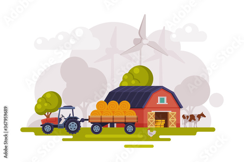 Farm Scene with Red Barn, Wind Turbine and Tractor, Summer Rural Landscape, Agriculture and Farming Concept Cartoon Vector Illustration
