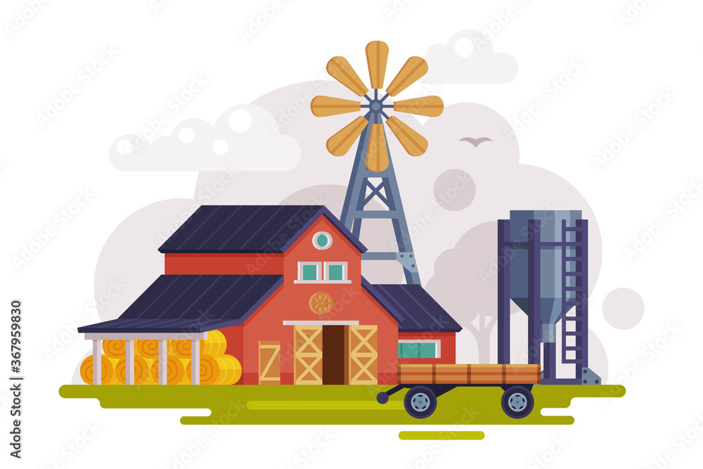 Farm Scene with Red Barn, Windmill Water Pump and Tractor, Summer Rural Landscape, Agriculture and Farming Concept Cartoon Vector Illustration